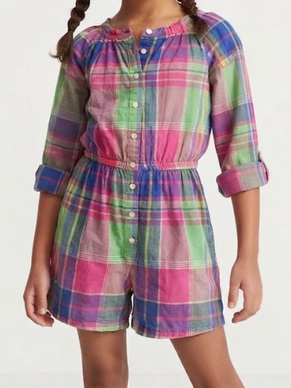 Ralph Lauren Girls Plaid Button-Front Romper in Pink, Green & Blue Size 7